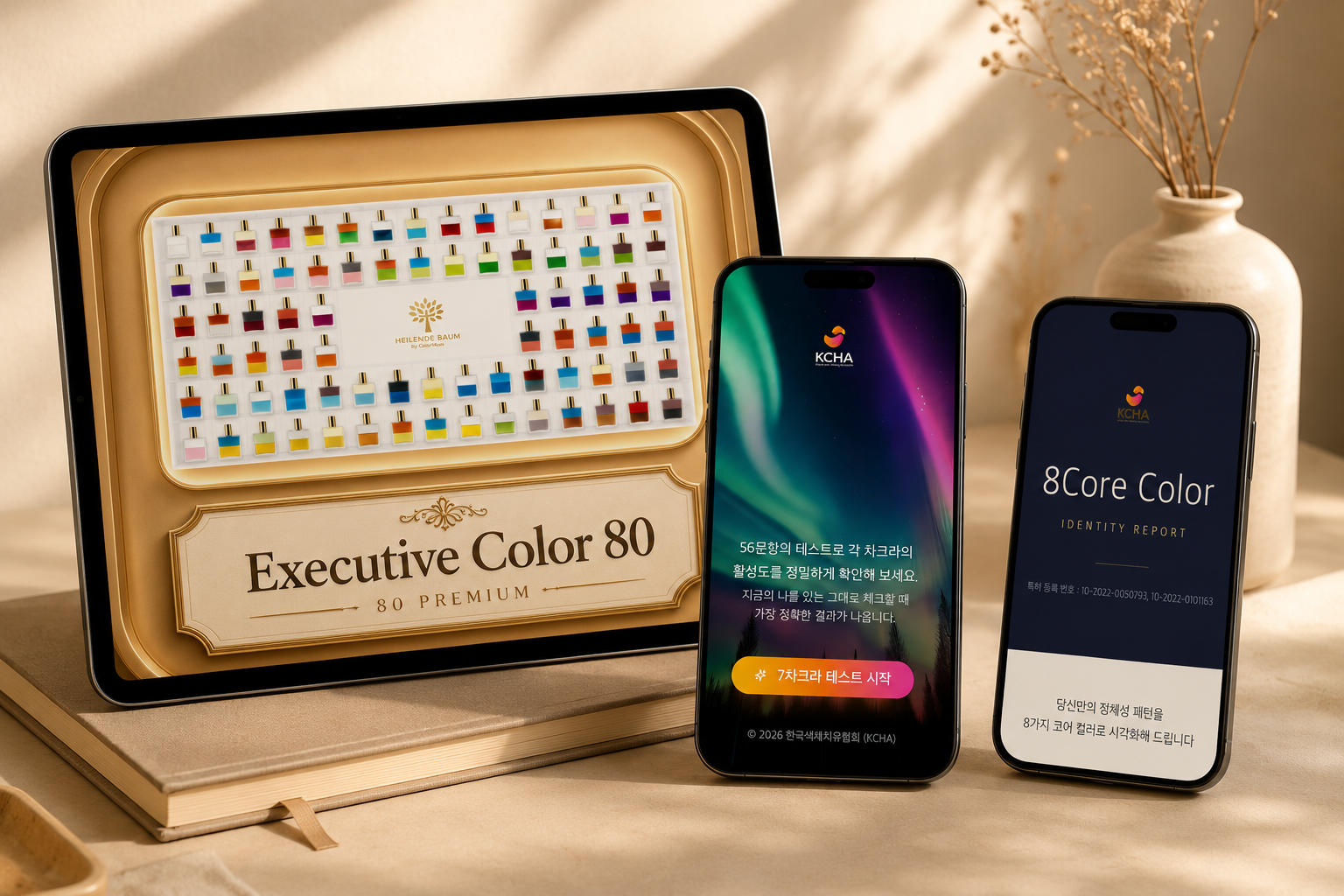 Executive Color 80 태블릿과 7차크라 테스트·8Core Color 모바일 앱이 따뜻한 책상 위에 놓인 장면